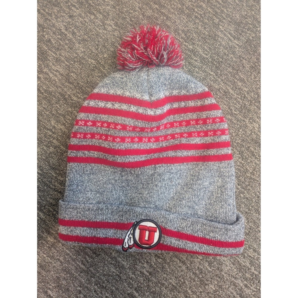 Captivating Headwear Utah Utes Beanie Men's OS Gray Red Striped Pom Knit Hat